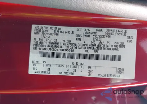 2017 Ford Escape Se из США, поврежденный, VIN 1FMCU9GD4HUF00385